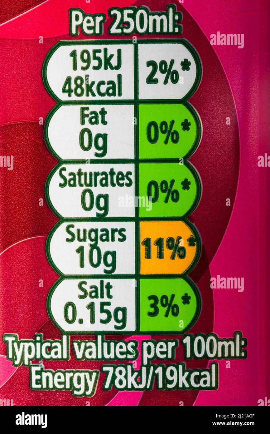 Nutritional information traffic light system labelling on can of Apple & Raspberry J2O Fruit Blend soft drink - colour coded Stock Photo