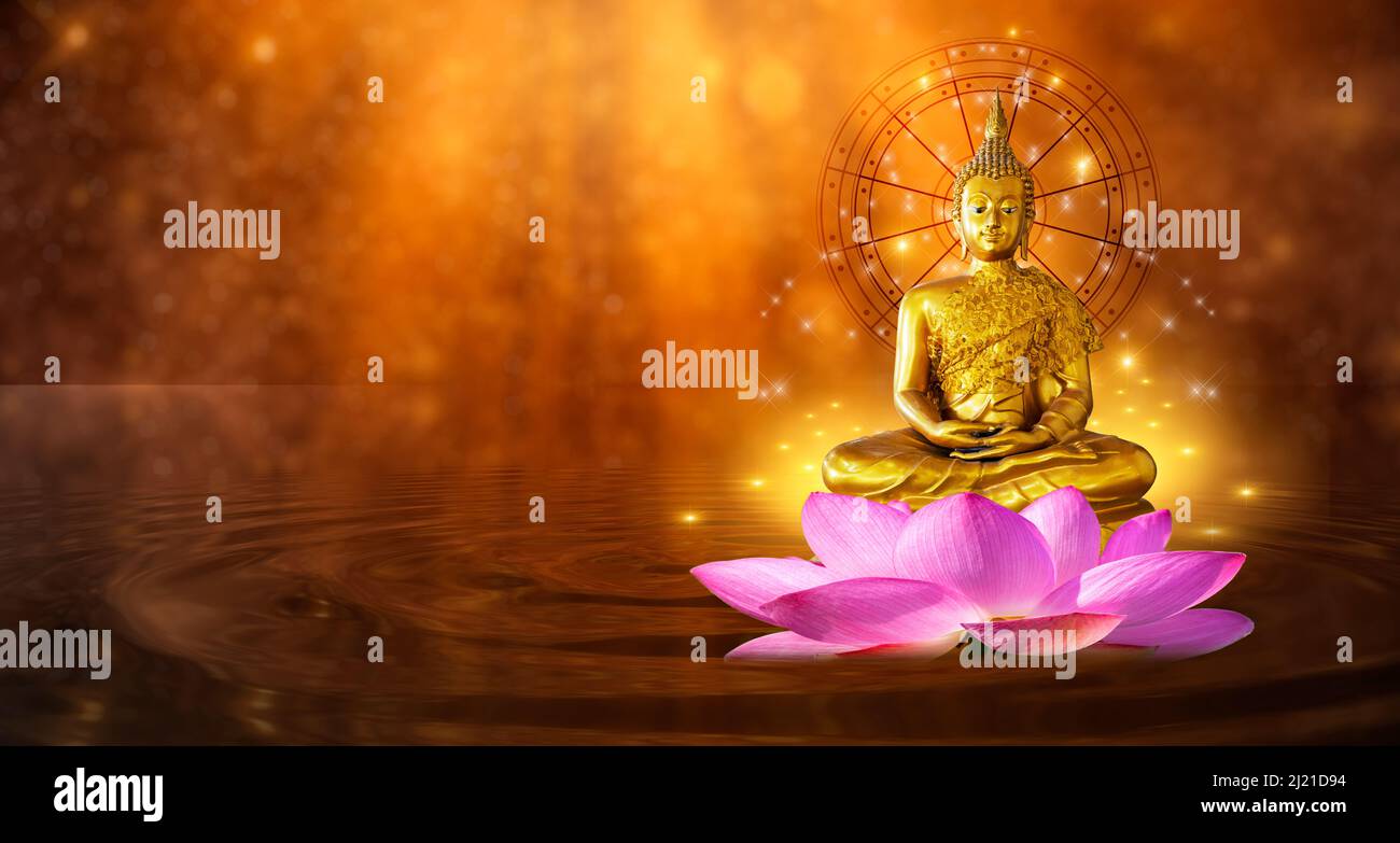 Buddha statue water lotus Buddha standing on lotus flower on orange background Stock Photo
