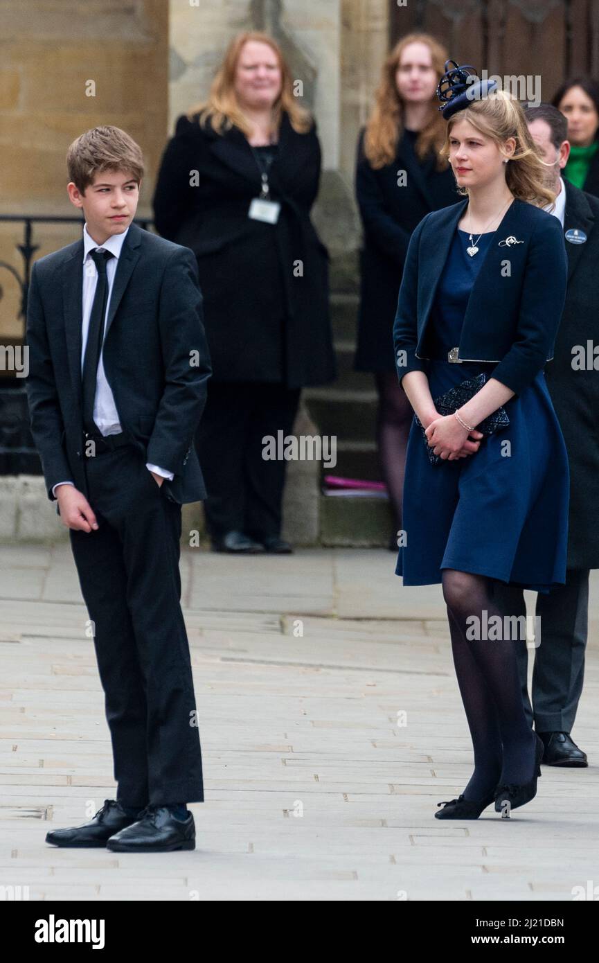 London, UK.  29 March 2022. James, Viscount Severn, and Lady Louise Windsor arrive at Westminster Abbey for the Service of Thanksgiving for the life of HRH The Prince Philip, Duke of Edinburgh.  Credit: Stephen Chung / Alamy Live News Stock Photo