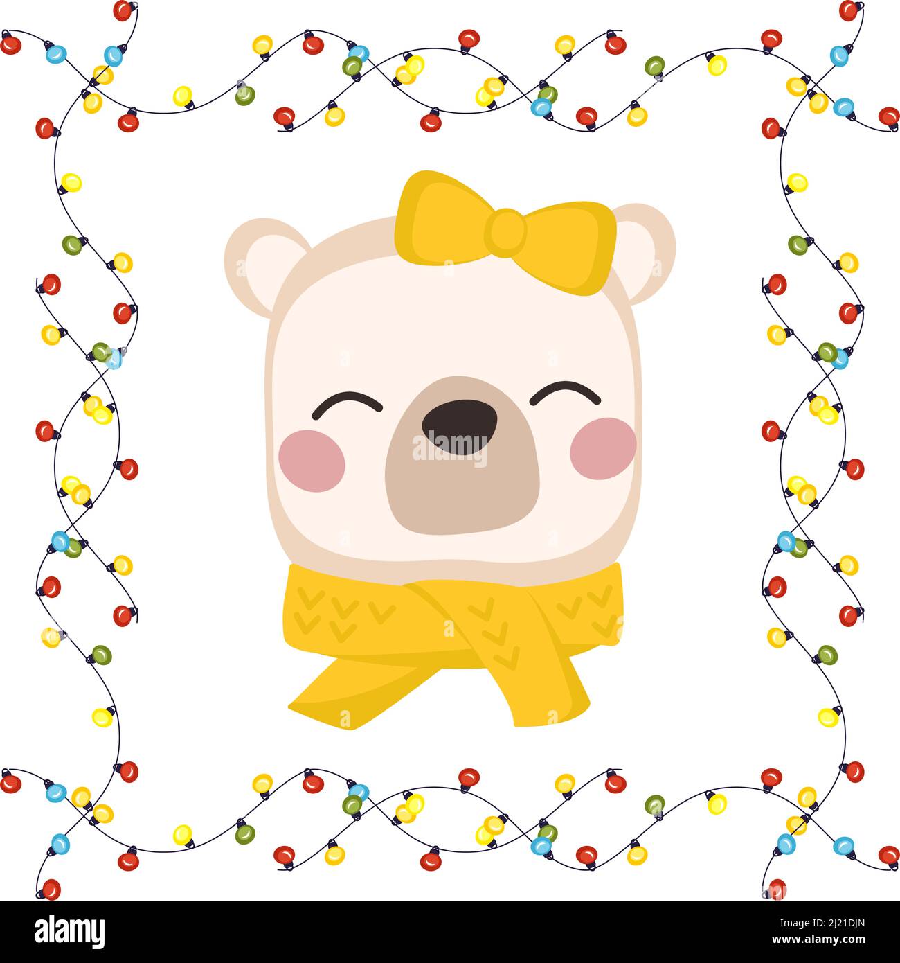 Cute white polar bear with bow and scarf in childish style with frame made of festive garlands with lights. Funny animal with happy face. Vector flat illustration for holiday  Stock Vector