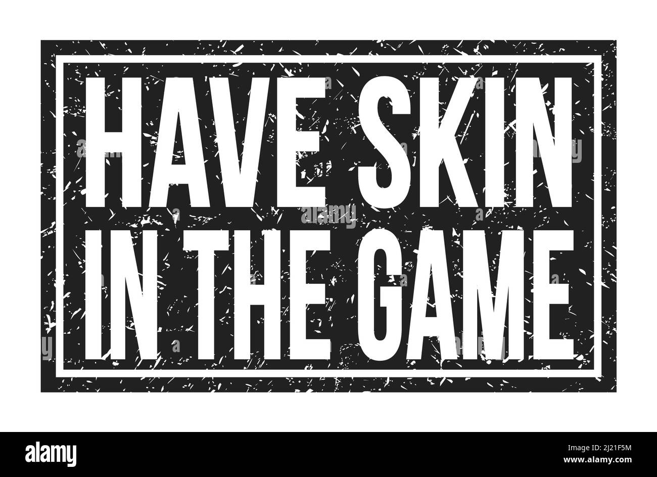 HAVE SKIN IN THE GAME, words written on black rectangle stamp sign