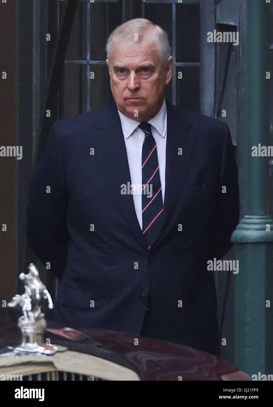 Prince Andrew, Duke of York, stands outside the Westminster Abbey after a service of thanksgiving for late Prince Philip, Duke of Edinburgh, in London, Britain, March 29, 2022. REUTERS/Tom Nicholson Stock Photo