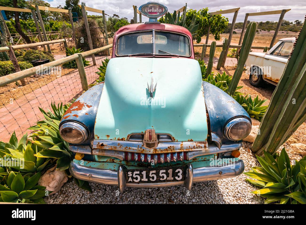 Moonta, South Australia - October 27, 2019: Old rusty Holden FJ parked near the farm in the Australian outback on a bright day Stock Photo