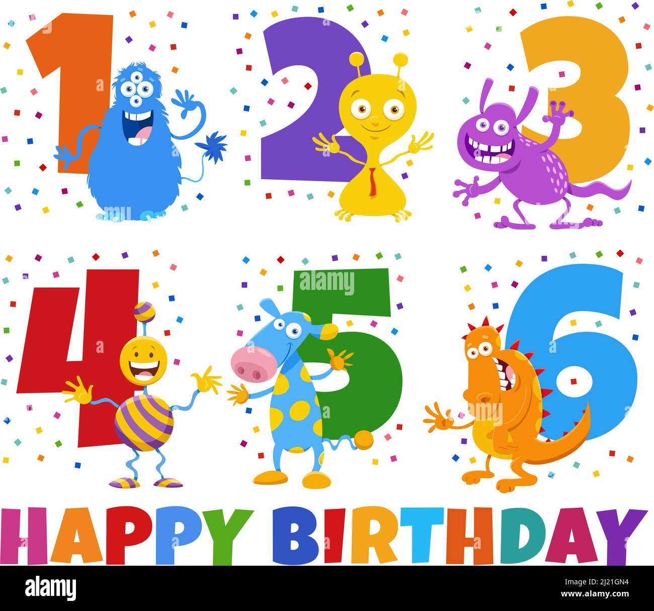 Cartoon illustration design of the birthday greeting cards set for children with cute monster characters Stock Vector