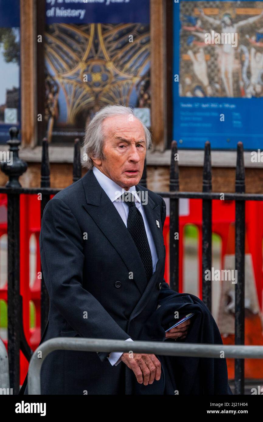 London, UK. 29th Mar, 2022. Sirt Jackie Stewart arrives - A memorial service at Westminster Abbey for HRH Prince Philip, the Duke of Edinburgh, who died at Windsor Castle last year. Credit: Guy Bell/Alamy Live News Stock Photo