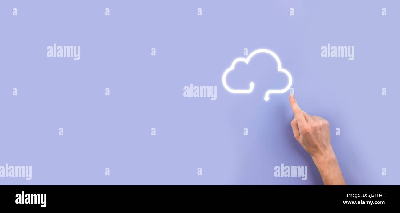 Business woman holding icon cloud computing network and icon connection data information in hand. Cloud computing and technology concept Stock Photo