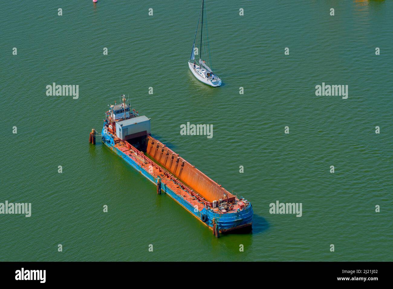 silt transport ship on the Schlei, aerial view, Germany, Schleswig-Holstein Stock Photo