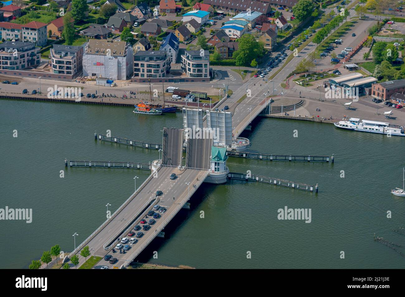 Kappeln bascule bridge, Bundesstrasse 203, aerial view, Germany, Schleswig-Holstein Stock Photo