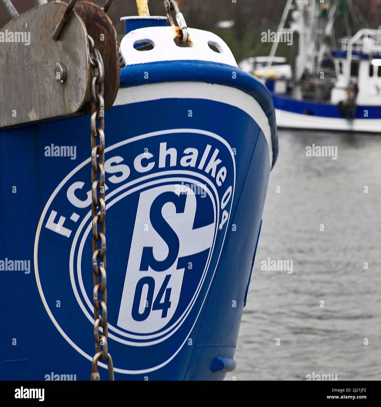 Club emblem of Schalke 04 on the bow of a ship in harbour, Germany, Schleswig-Holstein, Buesum Stock Photo
