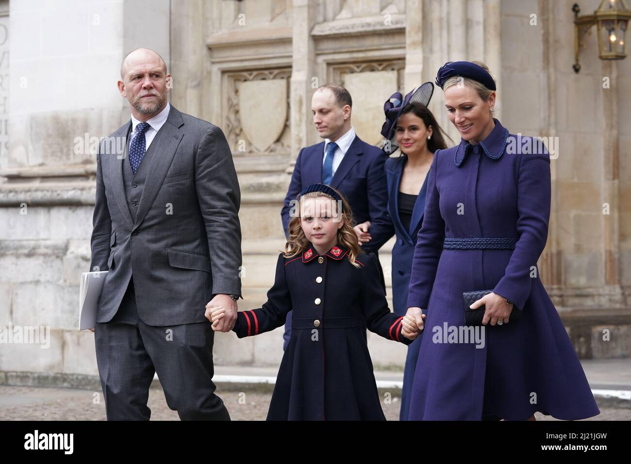 Zara, Mia and Mike Tindall leaving after a Service of Thanksgiving for the  life of the Duke of Edinburgh, at Westminster Abbey in London. Picture  date: Tuesday March 29, 2022 Stock Photo - Alamy