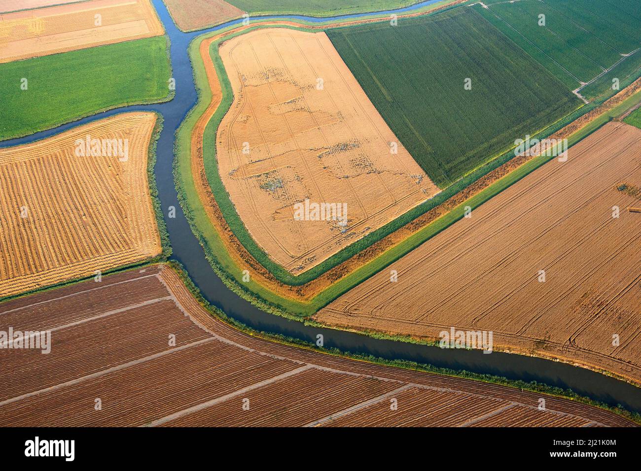 Field scenery with river, aerial view, Belgium, Flanders, Yzer Stock Photo