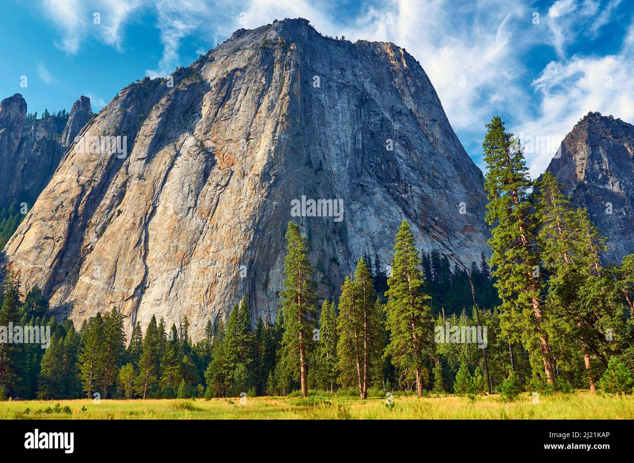 Rock massif El Capitan at the Yosemite National Park in evening light, USA, California, Yosemite National Park Stock Photo