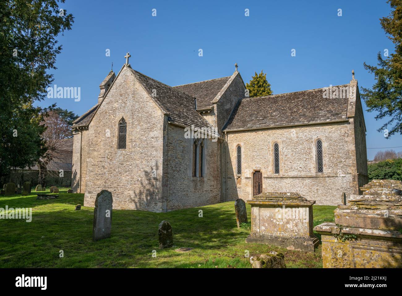 St Peter's 12th Century Saxon church in the village of Southrop, The Cotswolds, England, United Kingdom Stock Photo