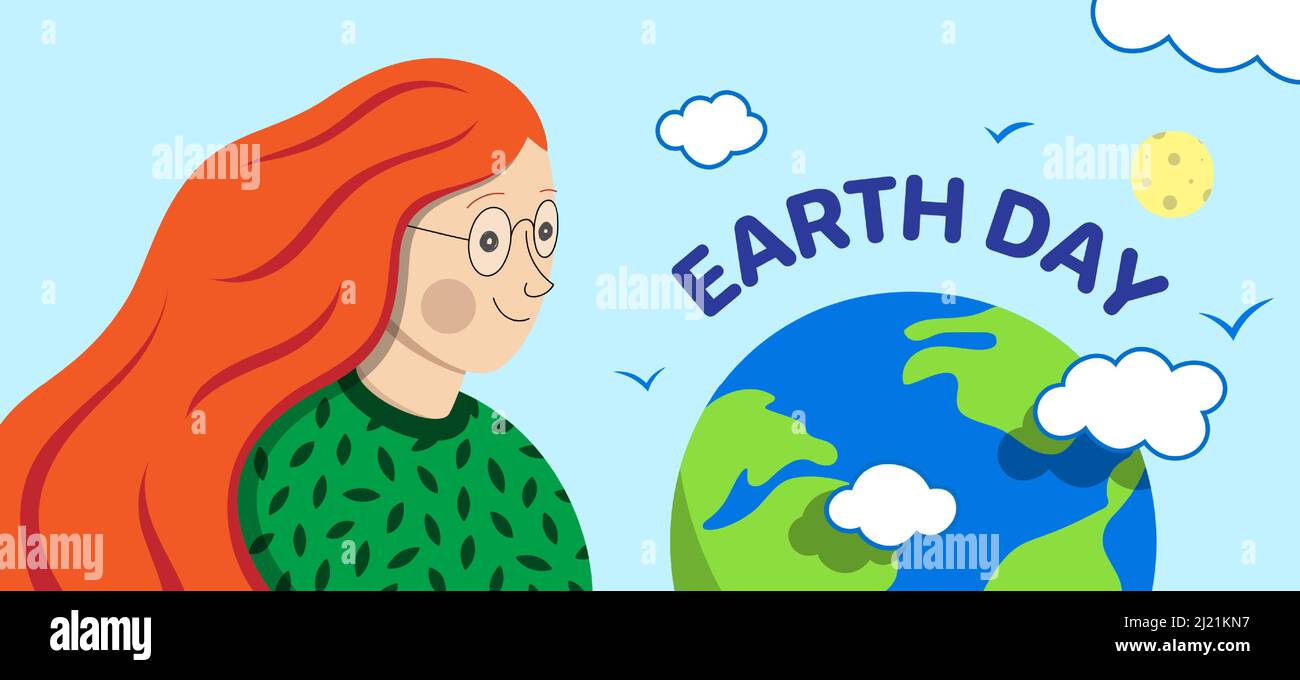 Happy red hair girl looking on planet Earth. Earth Day vector banner design. Stock Vector