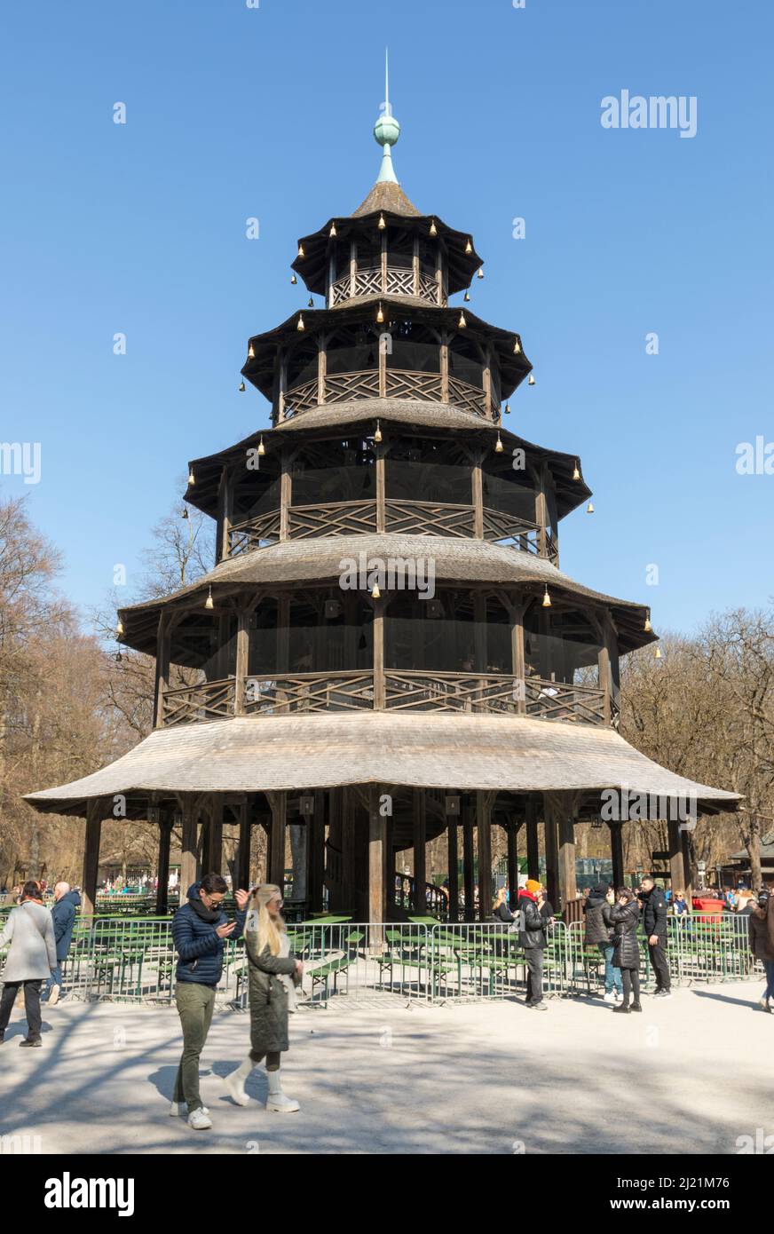 Munich, Germany – March 12, 2022: Chinese Tower Biergarten at Englischer Garten public park Stock Photo
