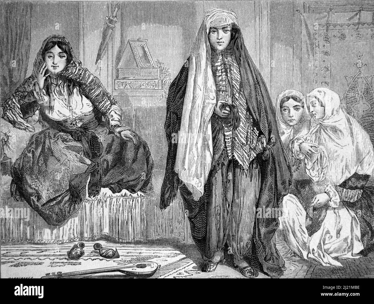 Persian Women or Iranian Women Wearing Traditional Iranian Clothes or Ethnic Costume in Tradition Persian or Iranian House Interior Iran. Vintage Illustration or Engraving 1860. Stock Photo