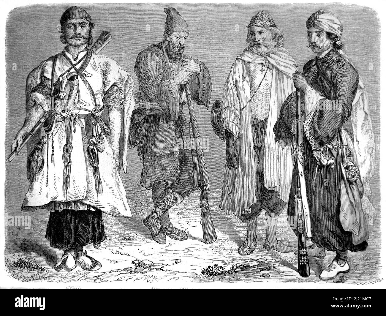 Portraits of Persian Men or Iranian Men Wearing Traditional Iranian Clothes or Ethnic Costume Including a Kurd, a Priest or Pastor, a Dervish and a Nomad, Iran. Vintage Illustration or Engraving 1860. Stock Photo