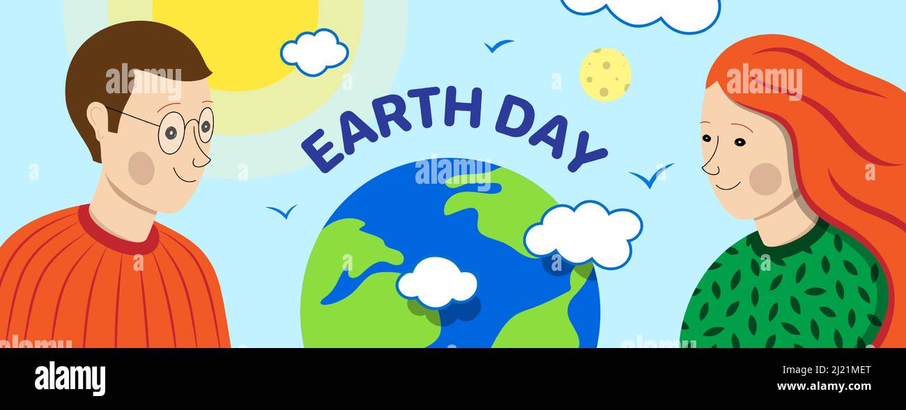Cartoon smiling man and woman looking on planet Earth. Earth Day vector banner design. Stock Vector