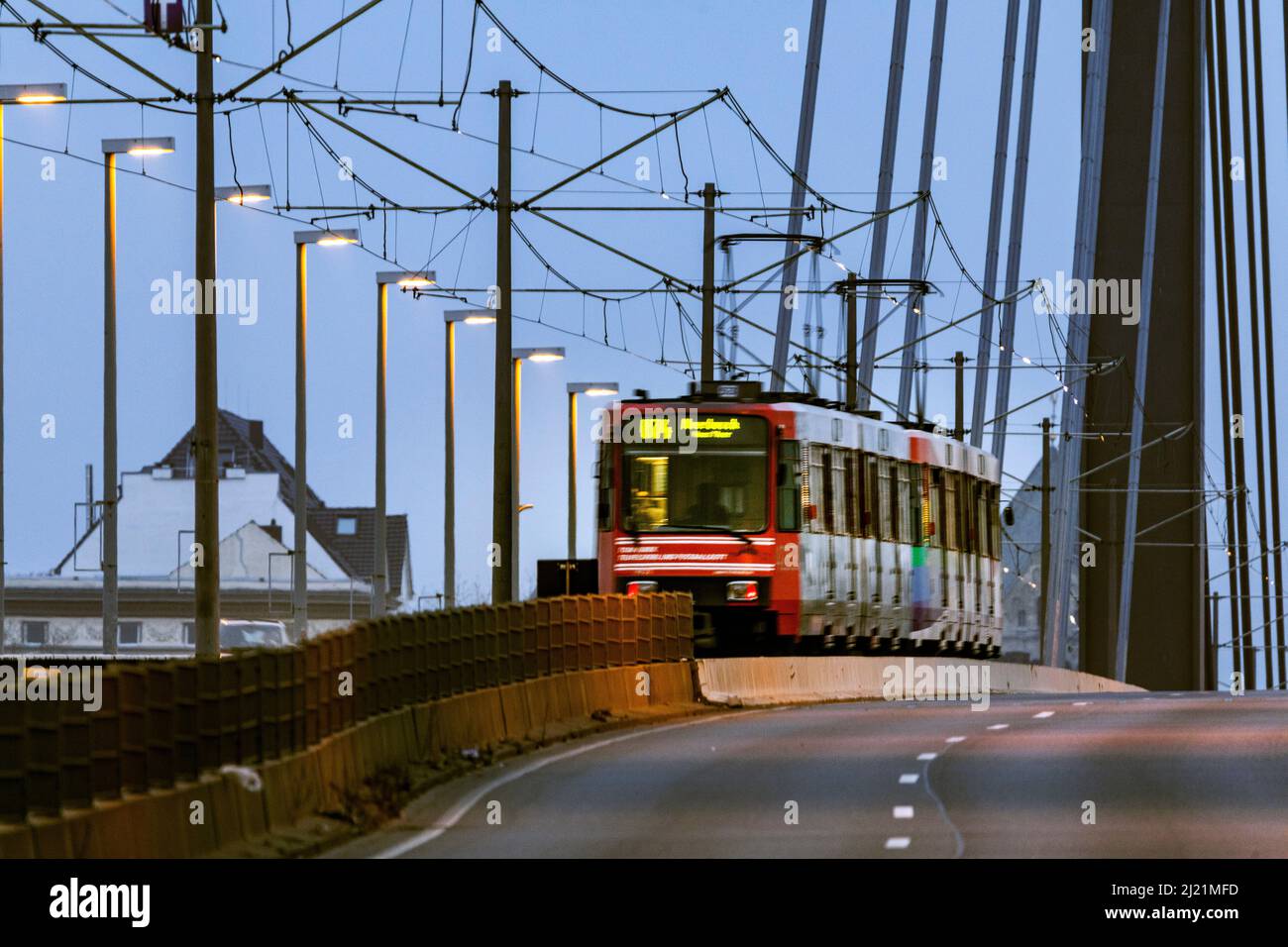 Tram crosses the Oberkasseler Bridge Stock Photo