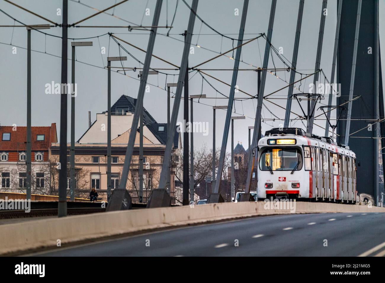 Tram crosses the Oberkasseler Bridge Stock Photo