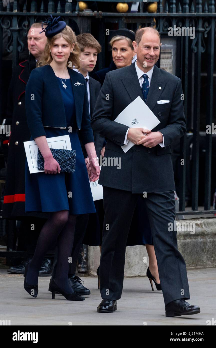 London, UK.  29 March 2022. Prince Edward, Sophie, Countess of Wessex, Lady Louise Windsor and James, Viscount Severn, leave Westminster Abbey after the Service of Thanksgiving for the life of HRH The Prince Philip, Duke of Edinburgh.  Credit: Stephen Chung / Alamy Live News Stock Photo