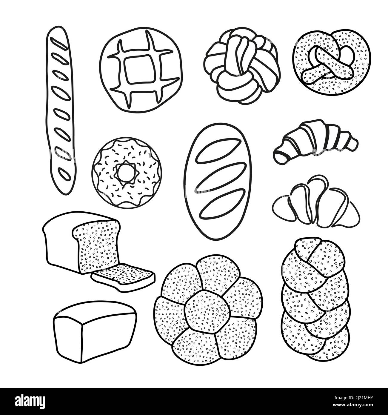 Trendy vector set for bakery or cafe.Illustrations of buns,bread, baguette,and other pastries for packaging,labels,or signage.Line Art illustration of Stock Vector