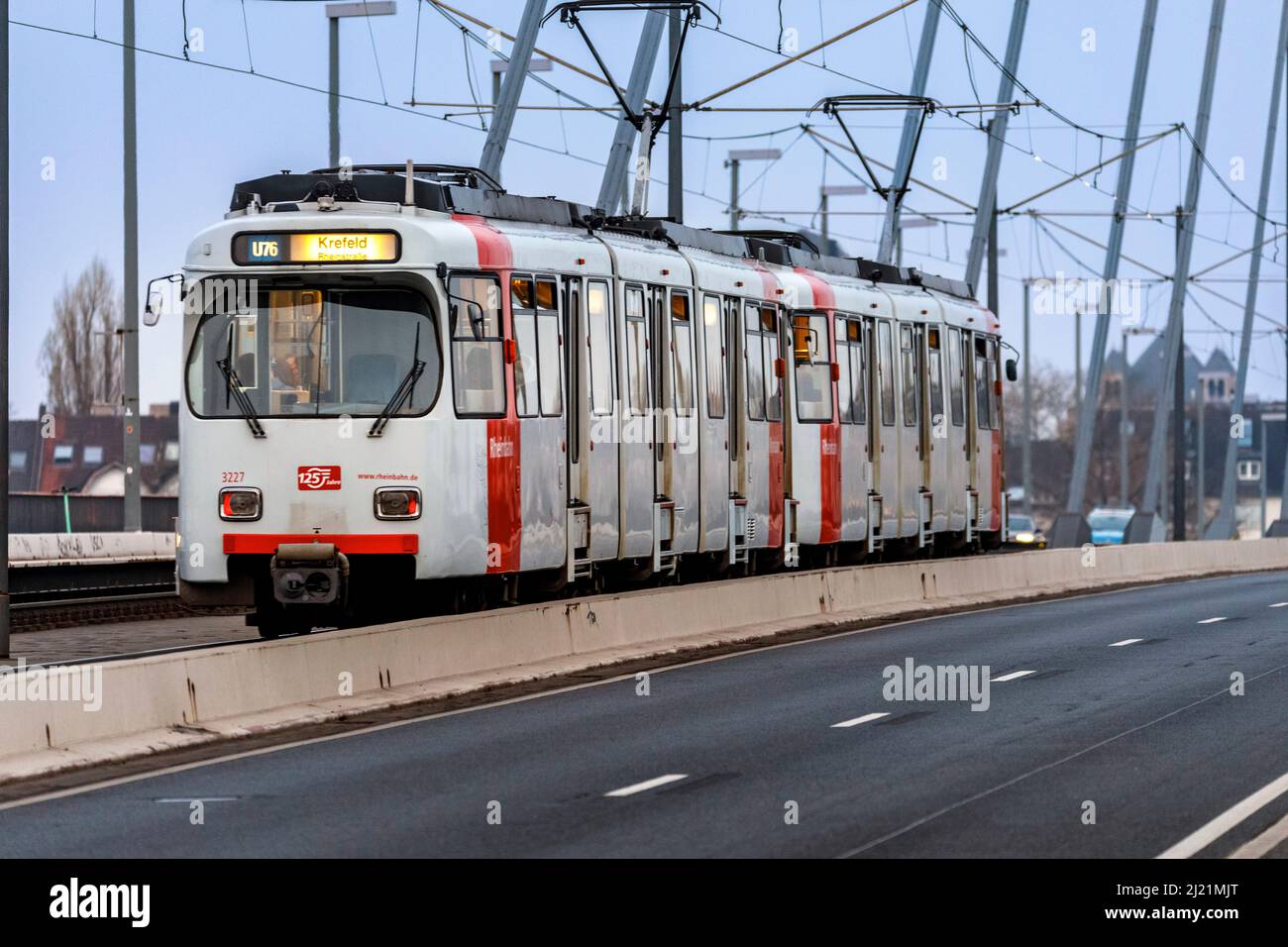 Tram crosses the Oberkasseler Bridge Stock Photo