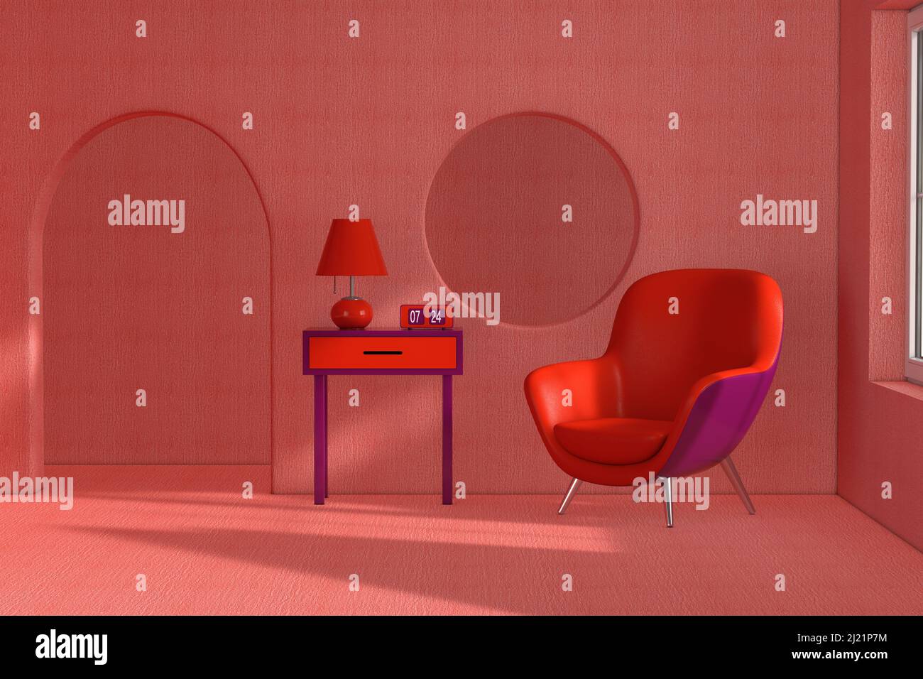 Red Modern Leather Oval Shape Relax Chair, Lamp, Table and Clock in Abstract Room extreme closeup. 3d Rendering Stock Photo