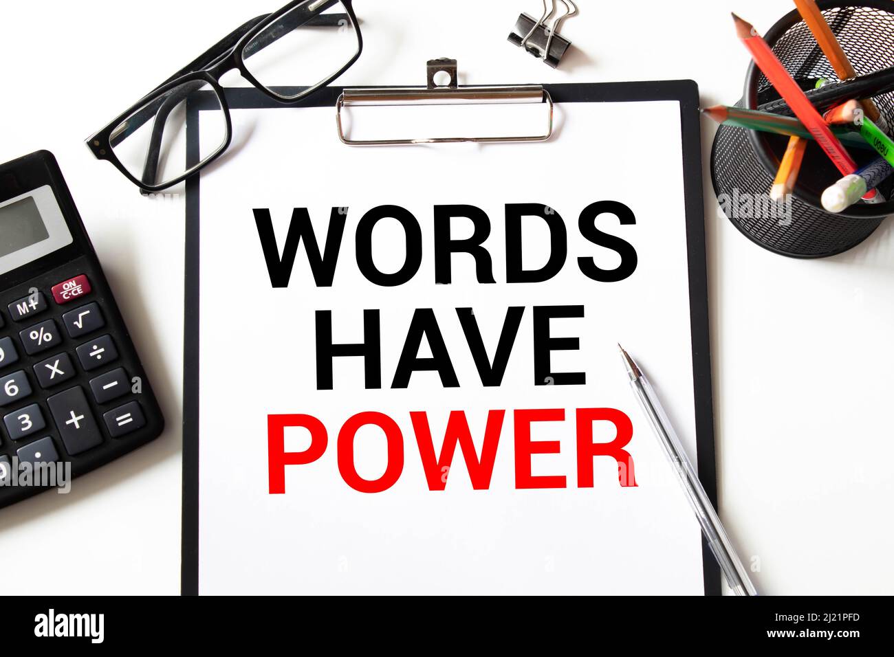 Words Have Power text on notebook with copy space. Stock Photo