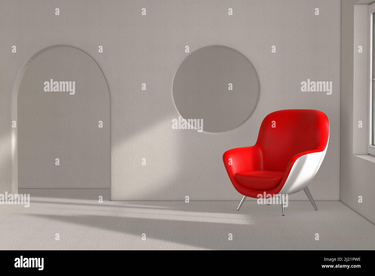 Red Modern Leather Oval Shape Relax Chair in Abstract Empty Room extreme closeup. 3d Rendering Stock Photo