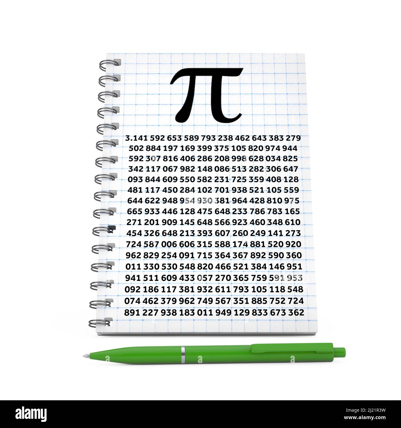Notepad Squared Paper Sheet with Pi Symbol and Green Pen on a white background. 3d Rendering Stock Photo