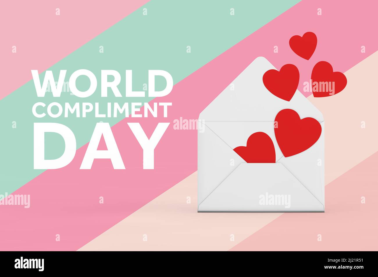 World Compliment Day Concept. Red Hearts Flying Out from White Blank Envelope and World Compliment Day Sign on a multicolored background. 3d Rendering Stock Photo