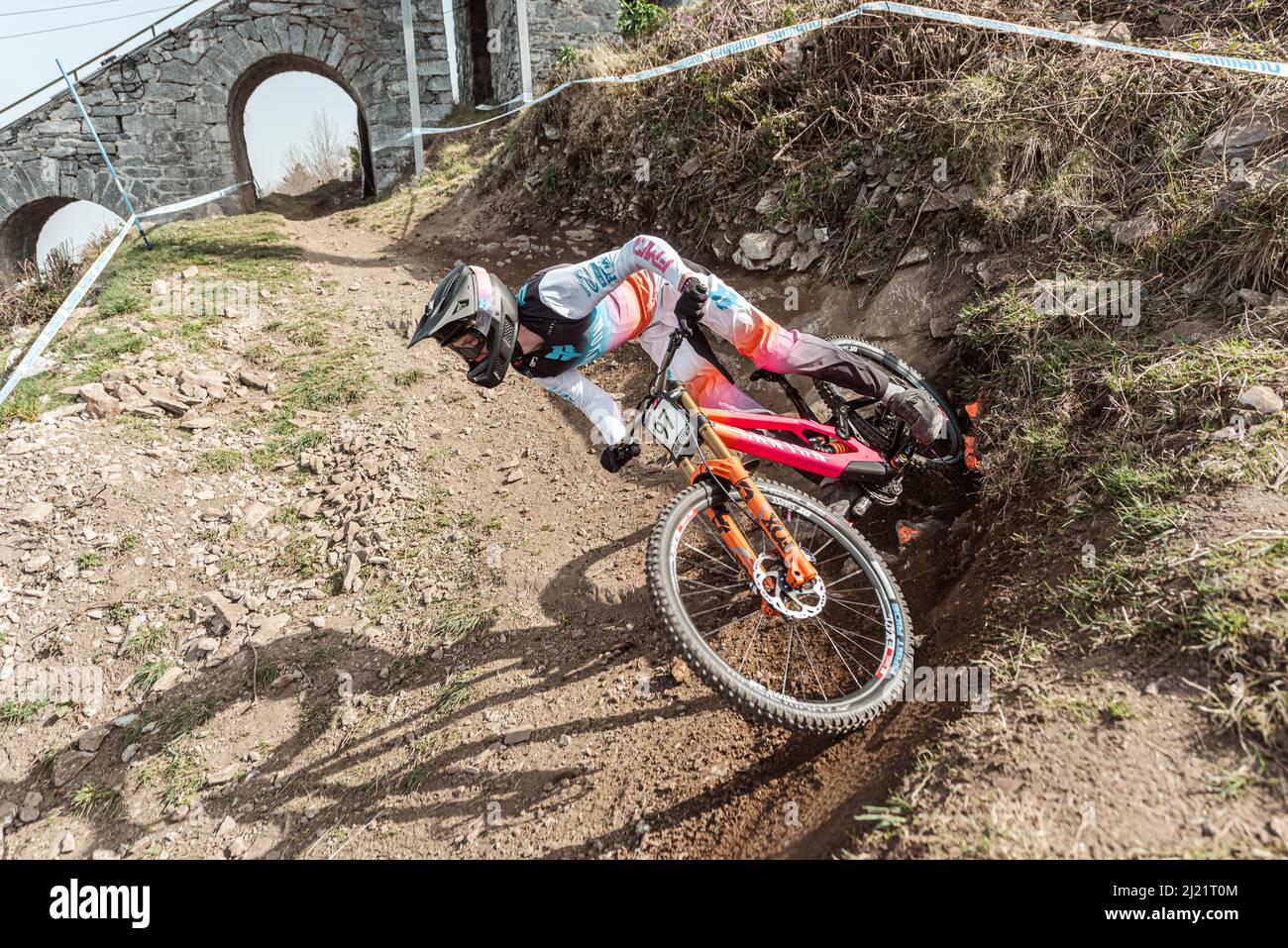 Lourdes, France : 2022 March 27 : LUFFMAN Dennis GBR competes during the UCI Mountain Bike Downhill World Cup 2022 race at the Lourdes, France. Stock Photo