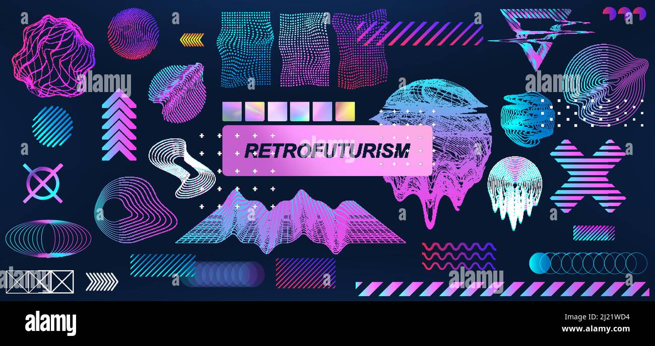 Trendy retrofuturistic holographic collection in vaporwave style in 80s-90s Stock Vector