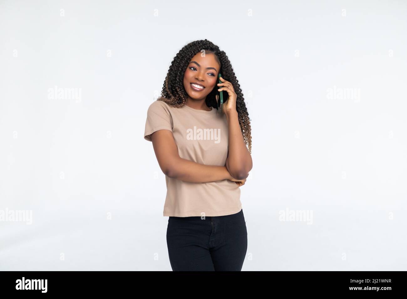 Happy black woman talking on hi-res stock photography and images - Alamy