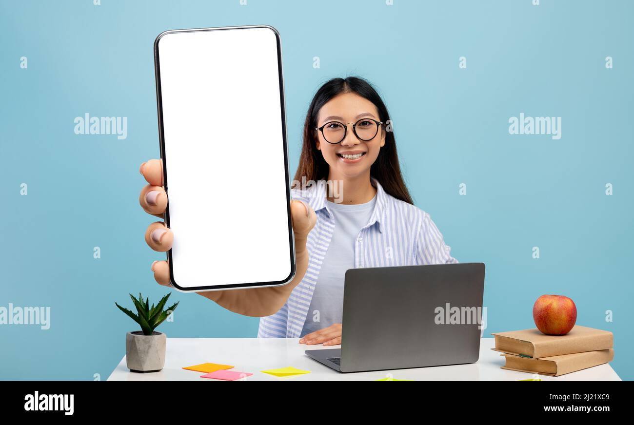 Happy asian female student demonstrating big smartphone with blank screen, sitting at workplace over blue background Stock Photo