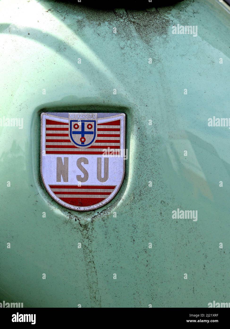 nsu was an engine brand from germany the logo of the company is on a green bonnet the plants of nsu were in southern germany the company audi later de Stock Photo
