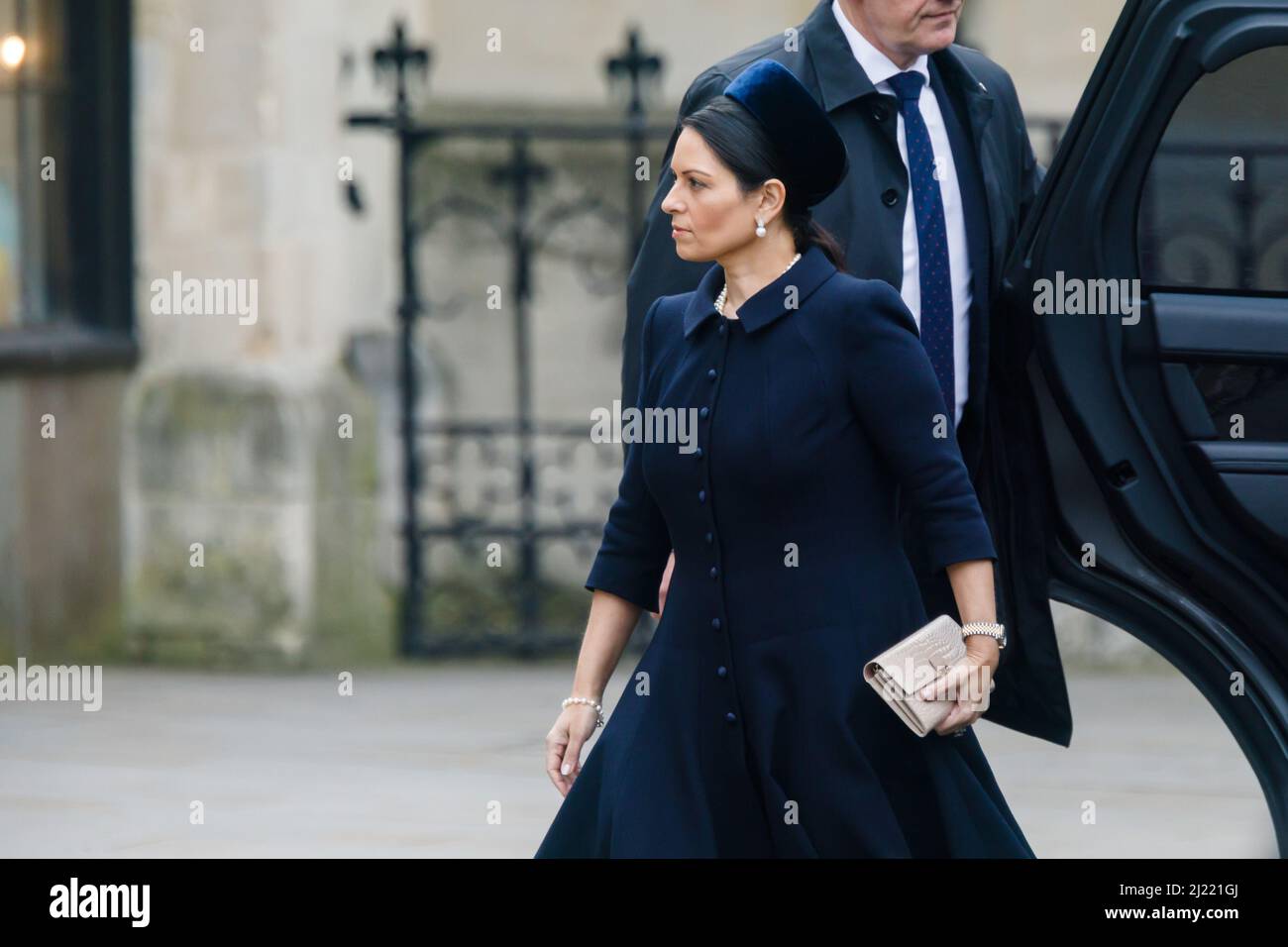 Westminster Abbey, London, UK. 29th March 2022 Home Secretary, Priti Patel, arriving at Westminster Abbey for the Service of Thanksgiving for the life of HRH The Prince Philip, Duke of Edinburgh, who died at Windsor Castle last year.  Amanda Rose/Alamy Live News Stock Photo