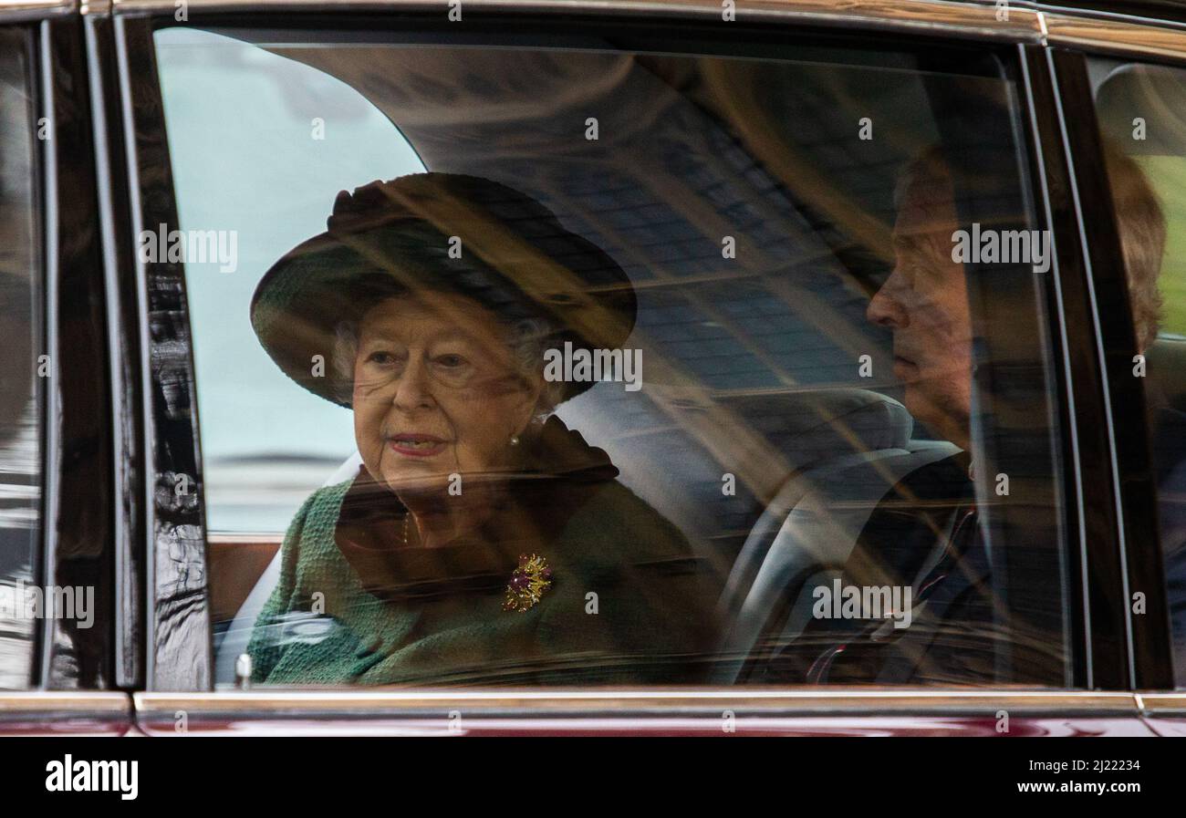 London, England, UK. 29th Mar, 2022. QUEEN ELIZABETH II and PRINCE ANDREW leaves leaves Thanksgiving Service For Prince Philip at Westminster Abbey. (Credit Image: © Tayfun Salci/ZUMA Press Wire) Stock Photo