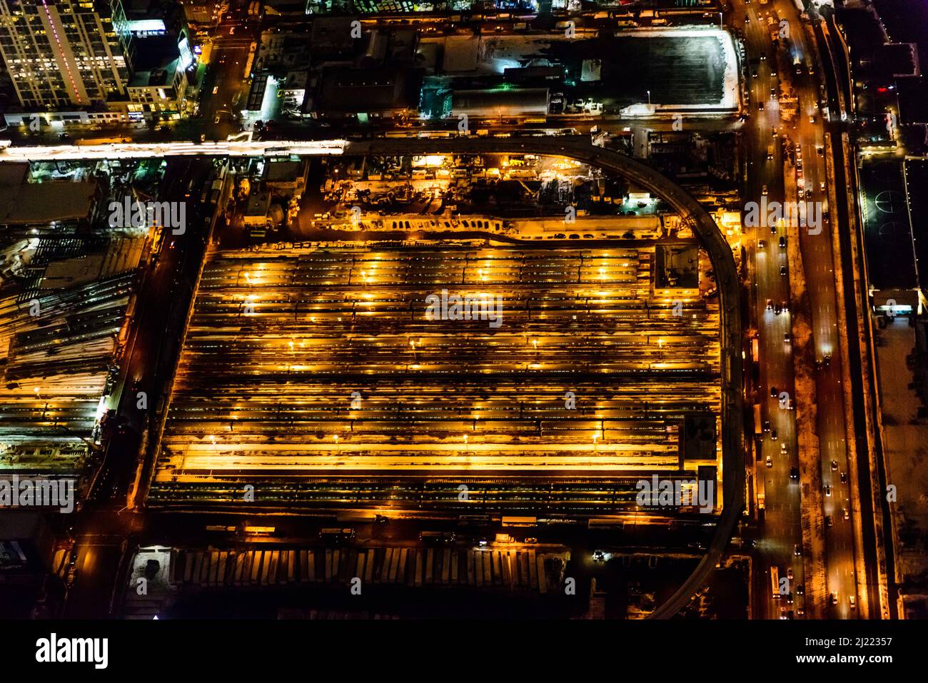 The city of New York City, Manhattan, aerial view at night Stock Photo ...