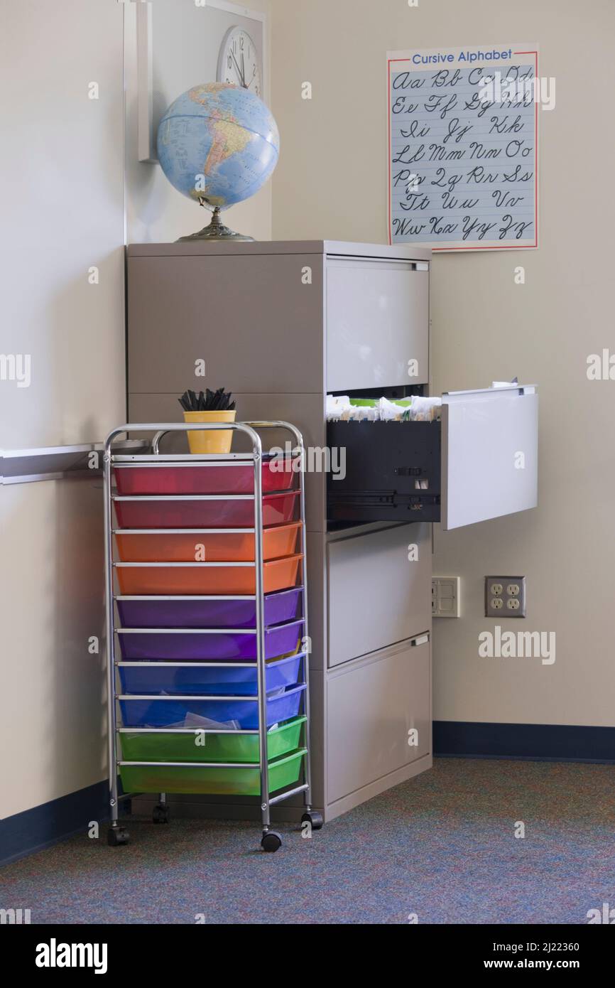 Classroom filled with equipment including filing globe, and