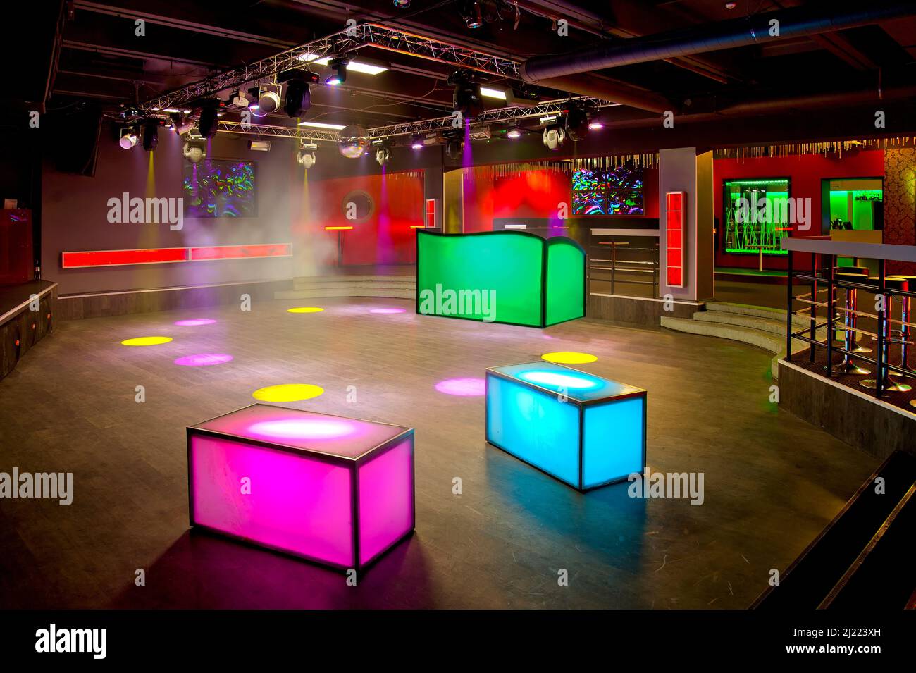 interior, colourful lighting, wall screens and light boxes on