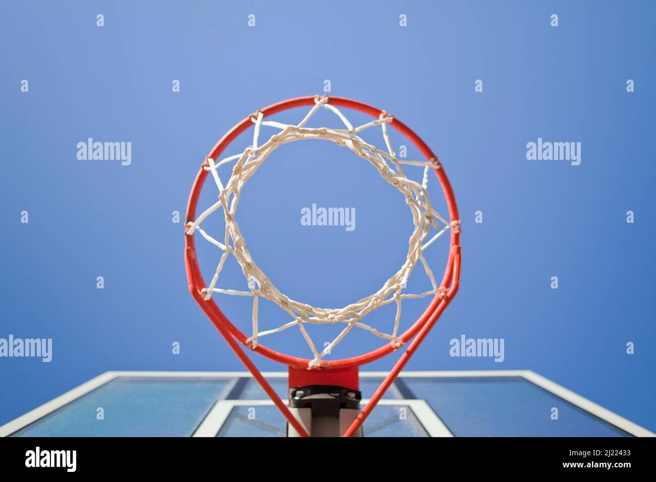 Basketball hoop, metal ring and netting, view from underneath Stock