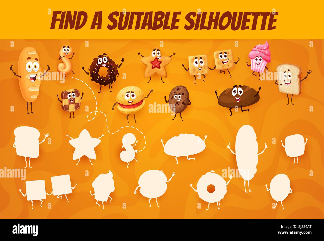 Find a suitable silhouette game worksheet. Cartoon cookies, bakery and