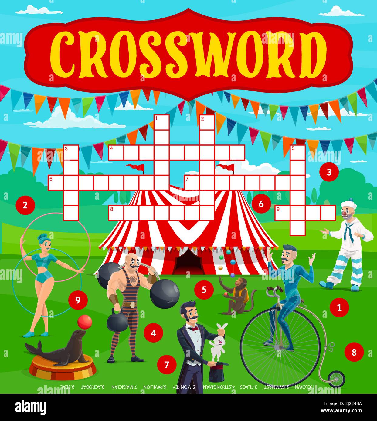 Big top circus tent and performers crossword grid worksheet. Find a word  quiz game, kindergarten kids logical puzzle or riddle book page vector  template. Children intellectual game, educational puzzle Stock Vector Image