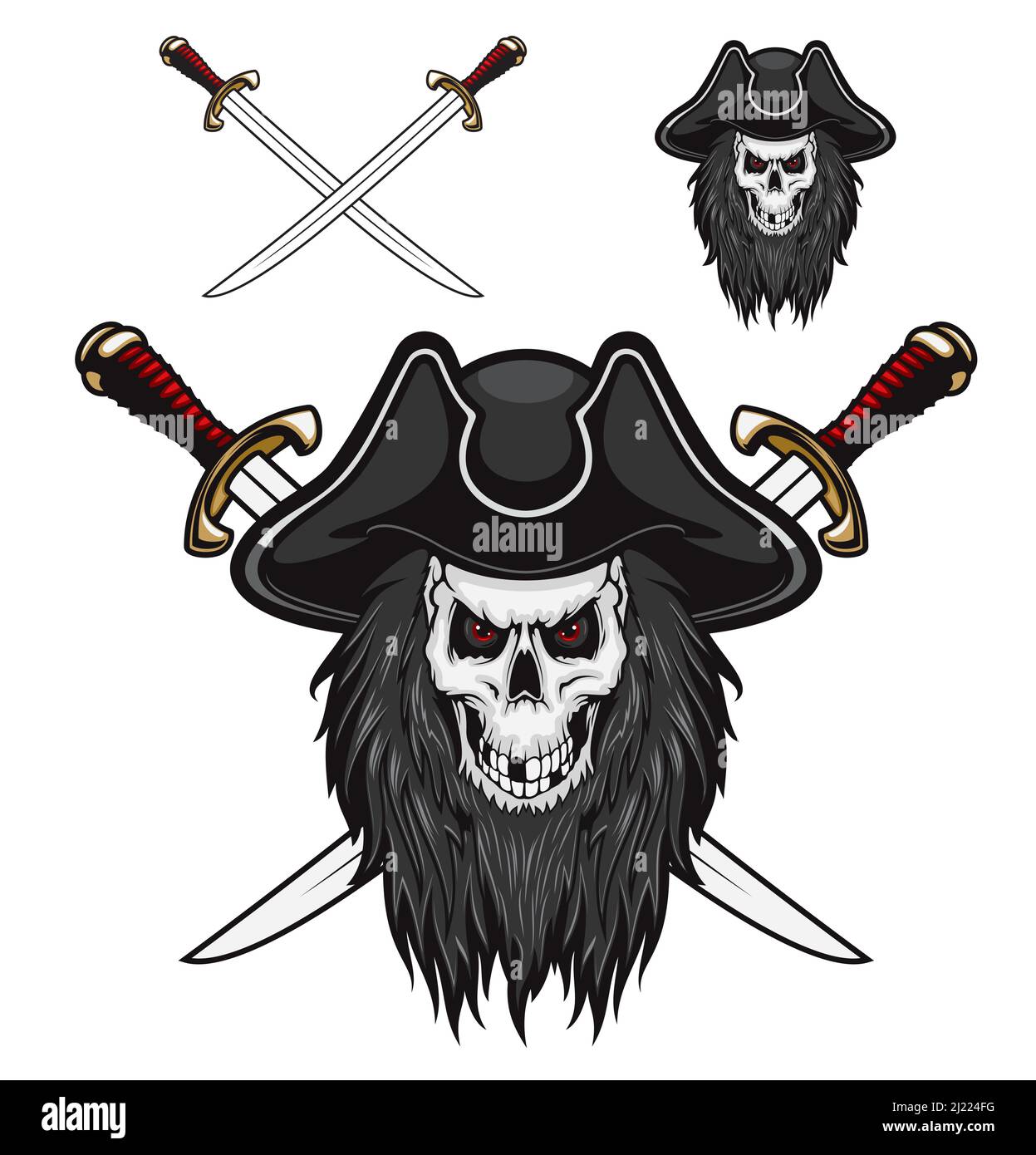 Pirate skull in hat with crossed sabers, vector mascot or tattoo. Skull ...