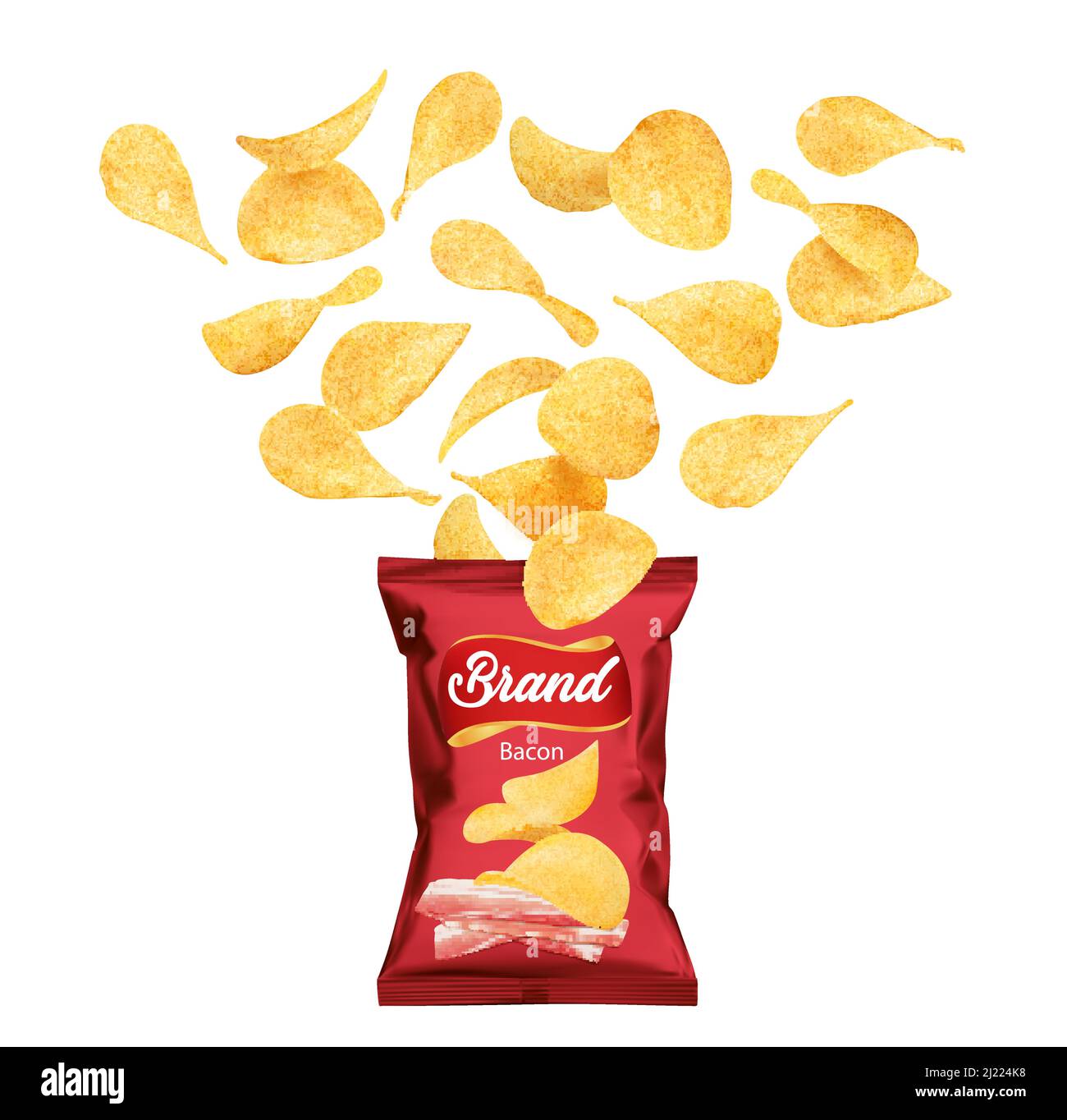 Crispy potato chips flying into the pack, realistic vector snack food