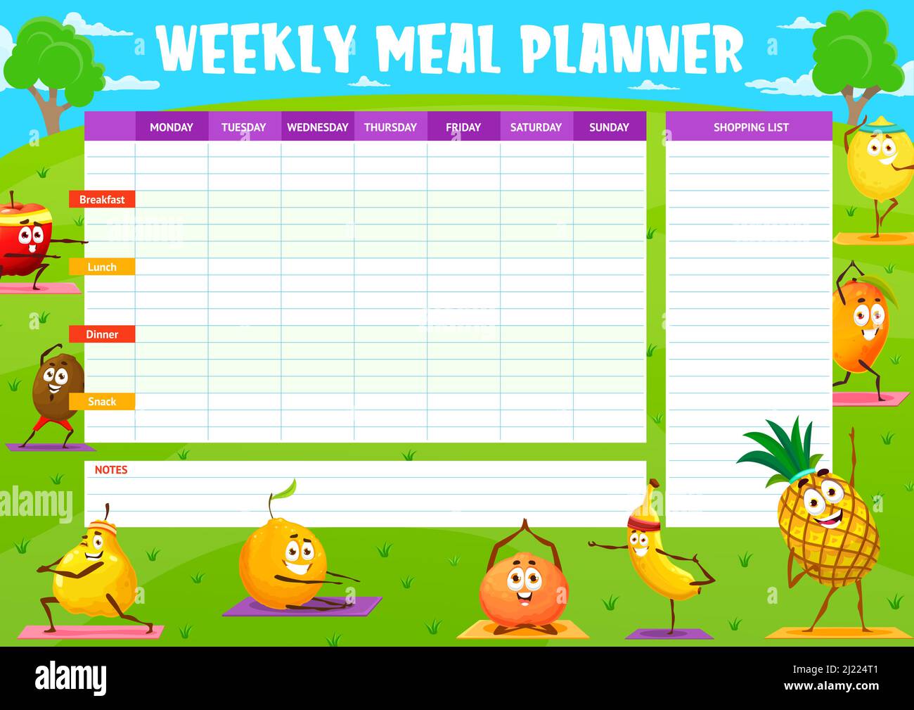 Cartoon fruits characters on yoga, weekly meal planner schedule and