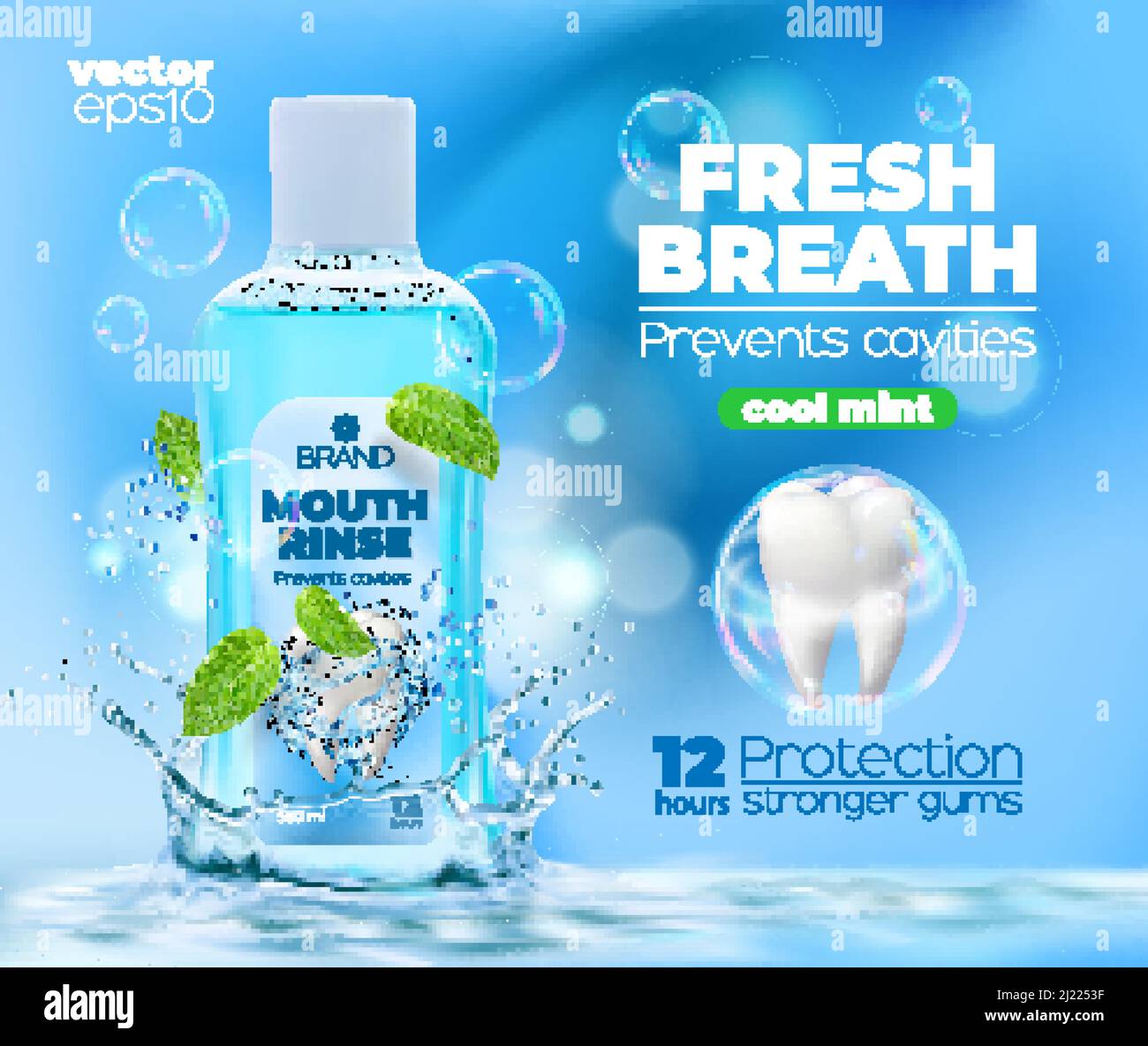 Realistic cool mint mouth rinse or mouthwash bottle with water splash
