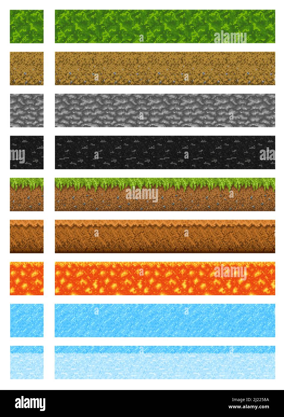 Cubic pixel game level surfaces of water, ice and ground, stone and